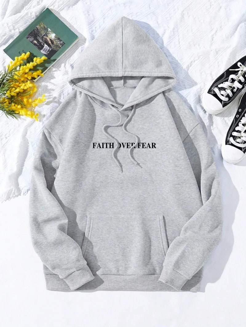 Casual Women's Hoodies Faith Over Fear Letter Printing Sweatshirts Fleece Warm Comfortable Pocket Streetwear
