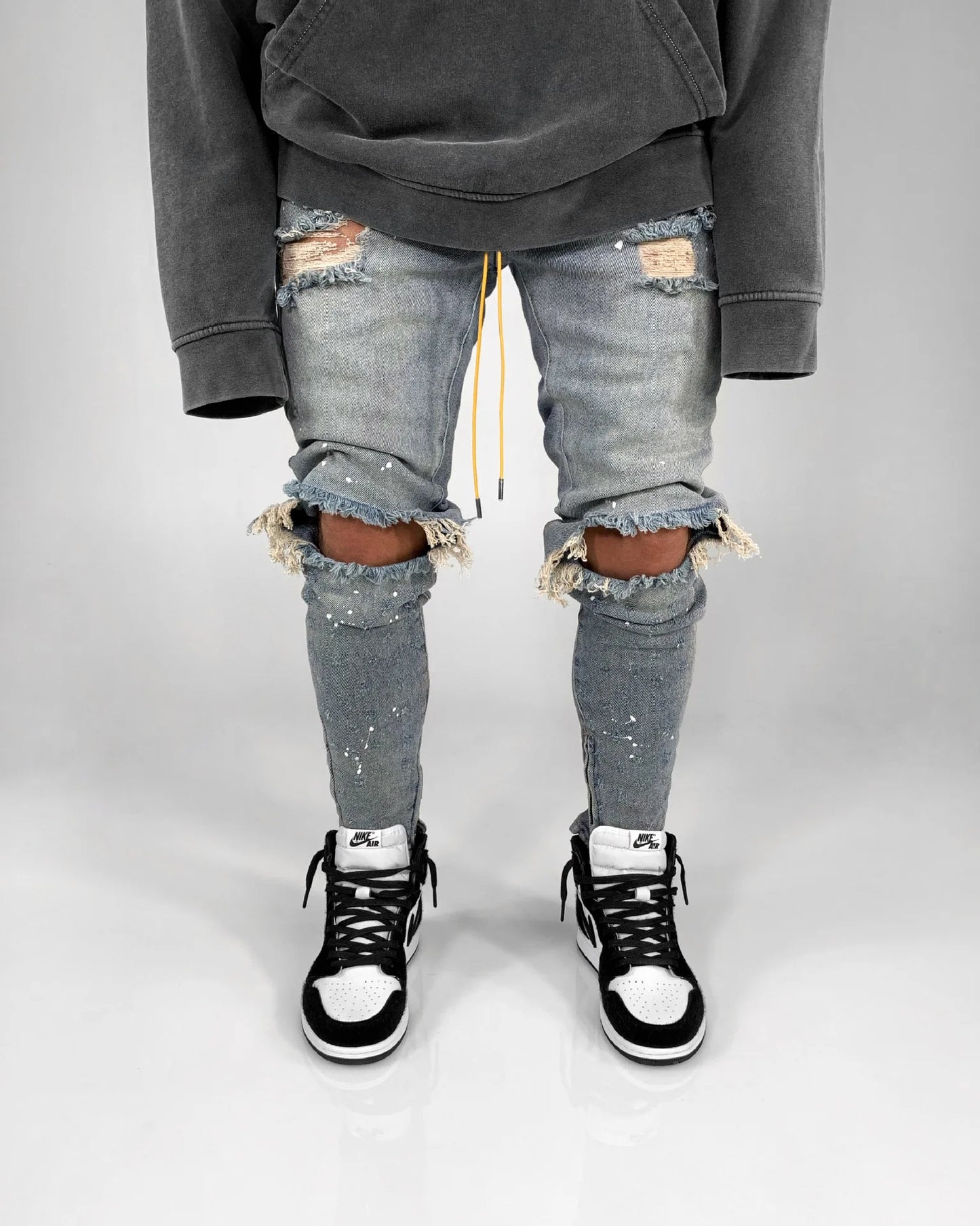 Men Long Jeans Pants Denim Simple Slim Fit Zipper Lace Up Tight Waist