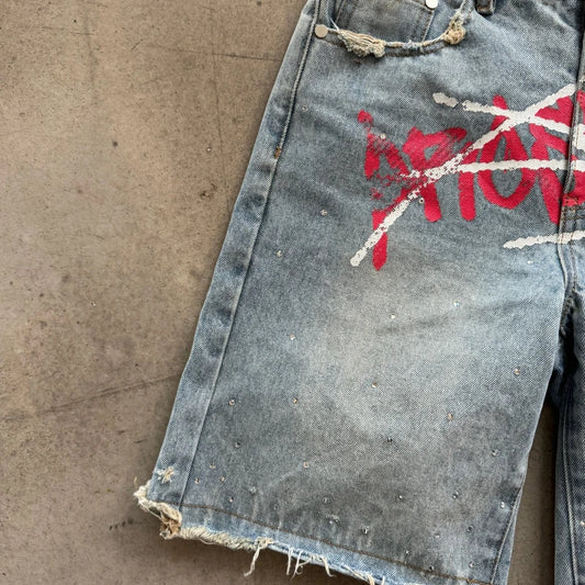 Y2K Graffiti Jorts s Men Women TRhinestone Distressed Printed Denim Shortrend Streetwear Unisex Baggy Short Pants