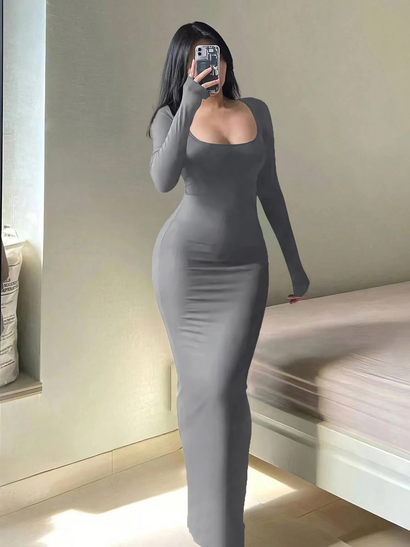 Women's Solid Long Sleeve Dress, Basic Minimalist Causual Fashion Scoop Neck Long Dress, Womenswear