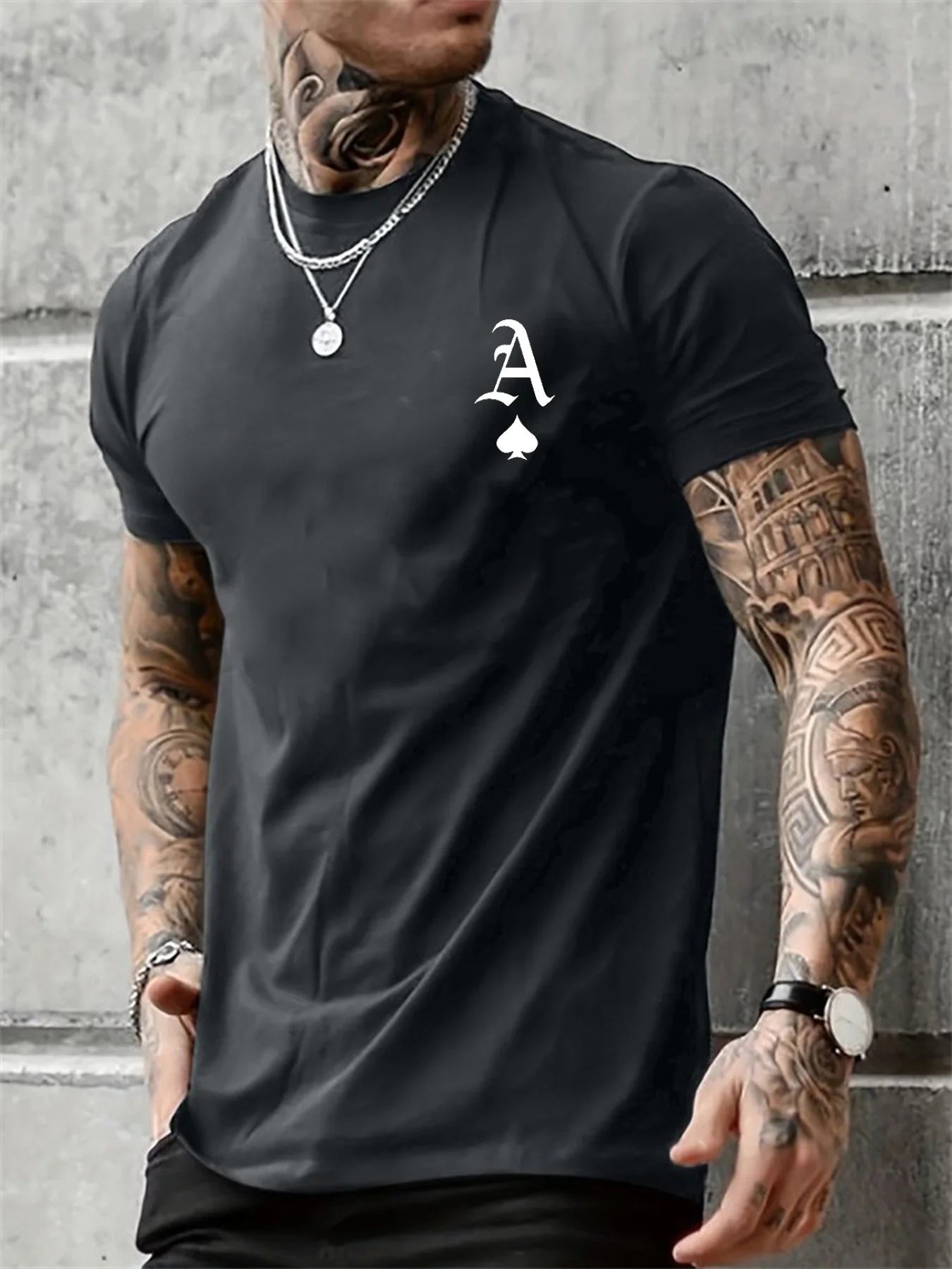 men's 100% cotton casual fit large A letter print round neck short sleeved T-shirt top