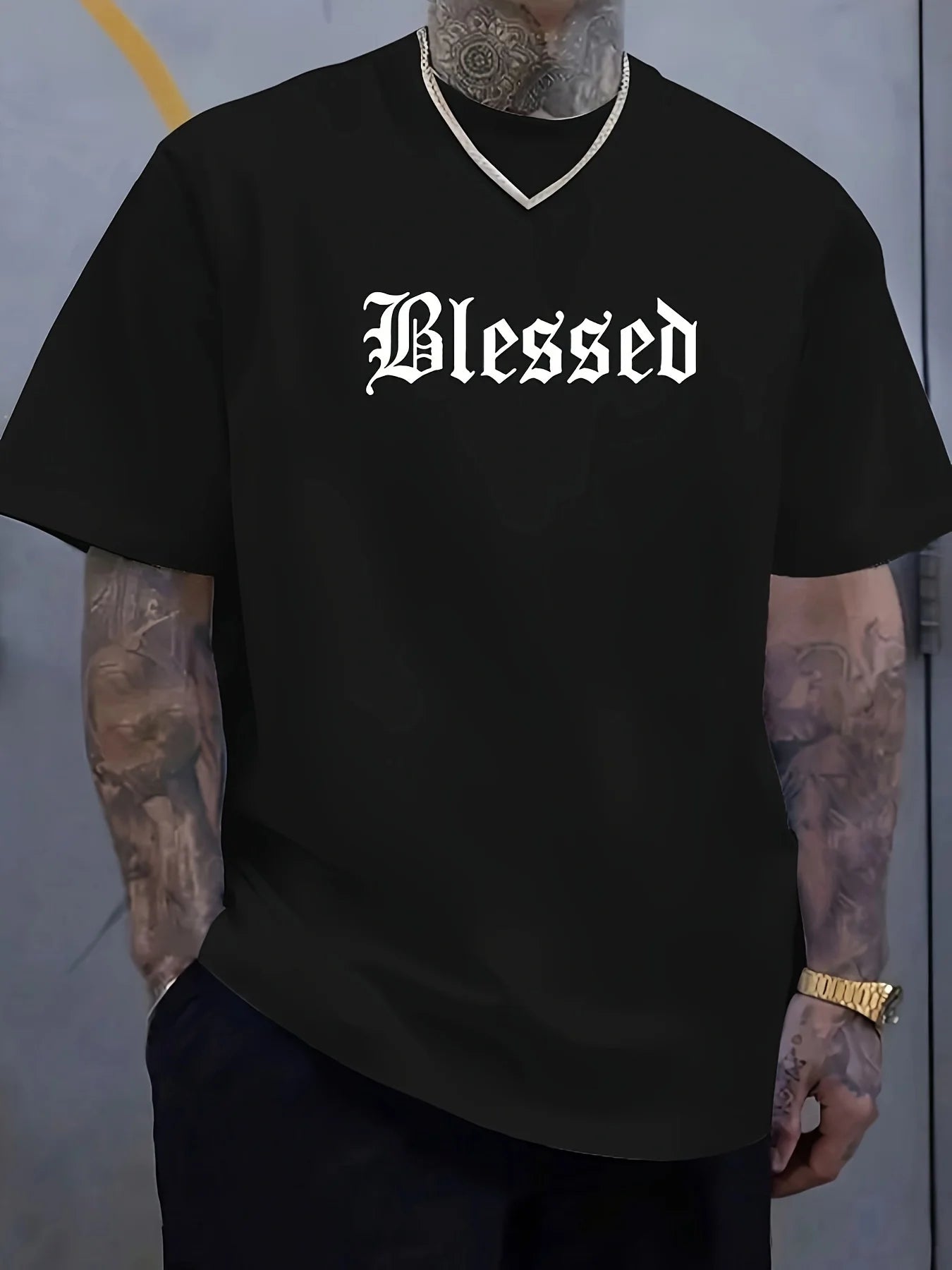 Men's 100% pure cotton fashionable casual loose Blessed letter pattern printed round neck short sleeved T-shirt
