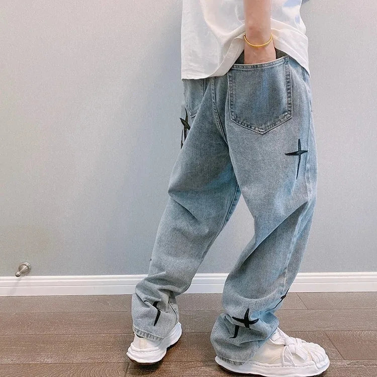 Vintage Fashion Straight Casual Loose Denim Cargo Pants Men Designer Prints Star Jeans Streetwear Loose Wide Leg Jeans