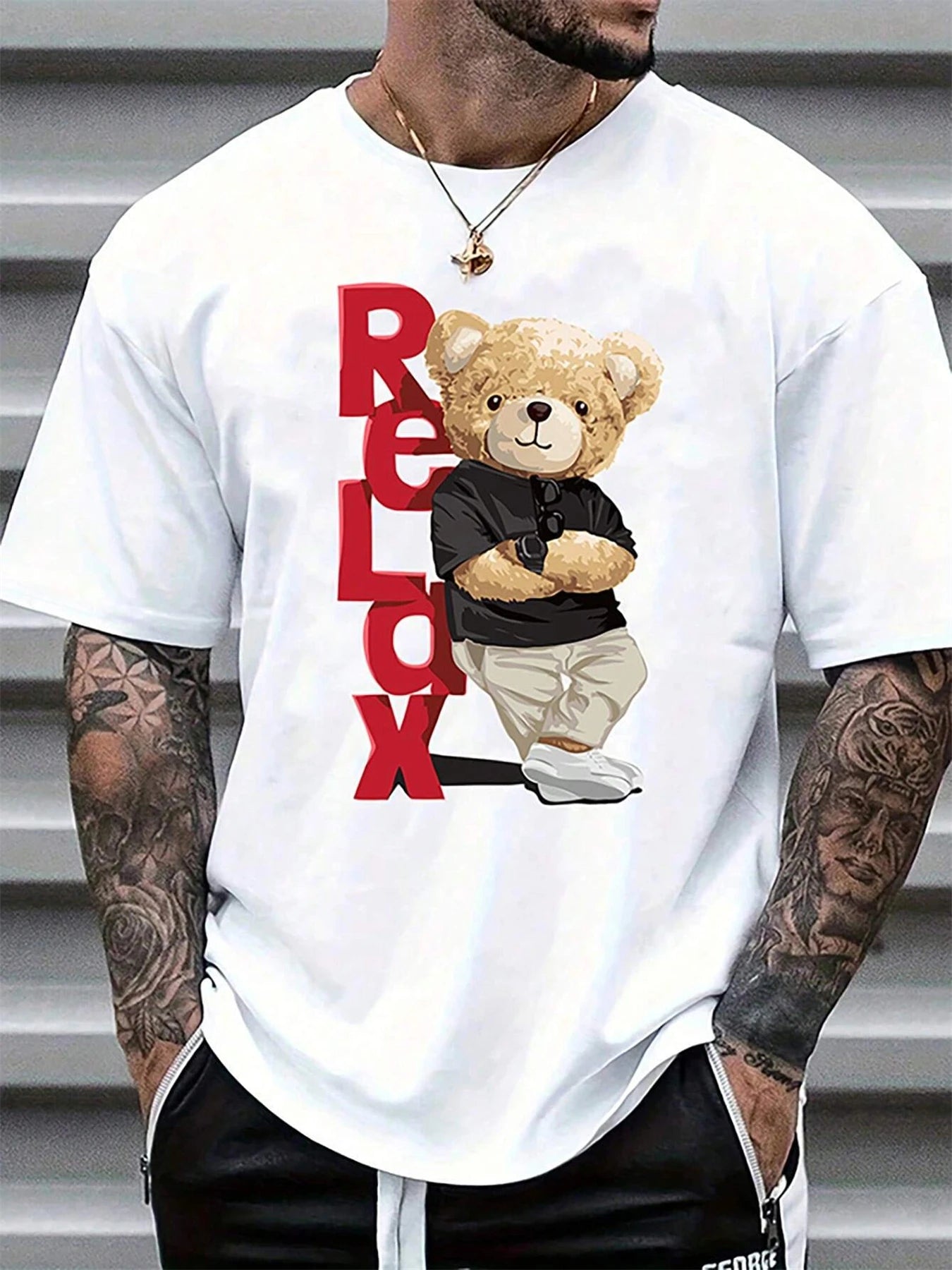 Men's 100% Cotton Fashionable Casual Loose Large Size Letter Bear Printed Sports Round Neck Short Sleeve T-shirt Top
