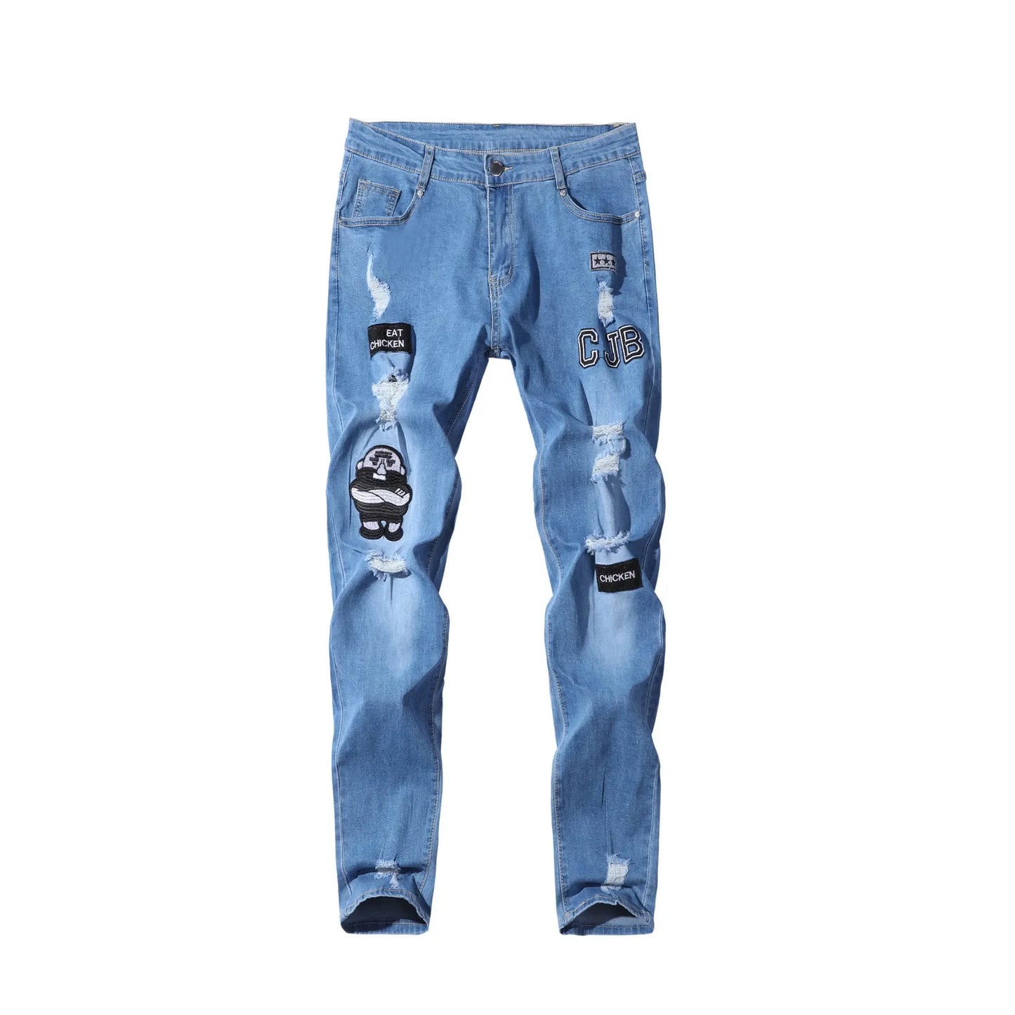 Plus Size Pants Men Skinny Ripped Hole Patchwork Jeans Slim Pencil Denim Streetwear Men's