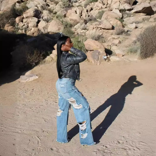 Jeans Women Long Pants Elegant Splice Denim Pant Slim Fit High Waist Button Pocket Straight T