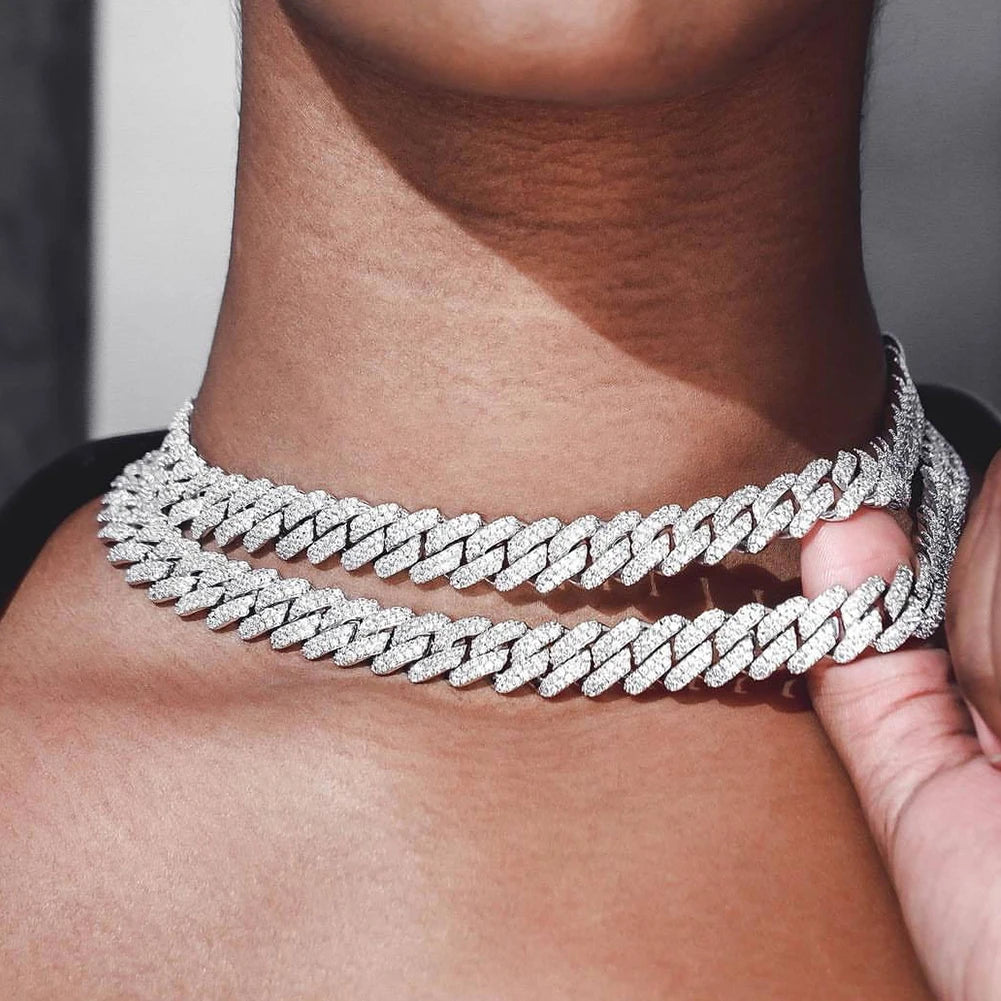 Silver Color 14mm Prong Miami Cuban Link Chain For Women Iced Out 2 Row Rhinestones Square Cuban Link Choker
