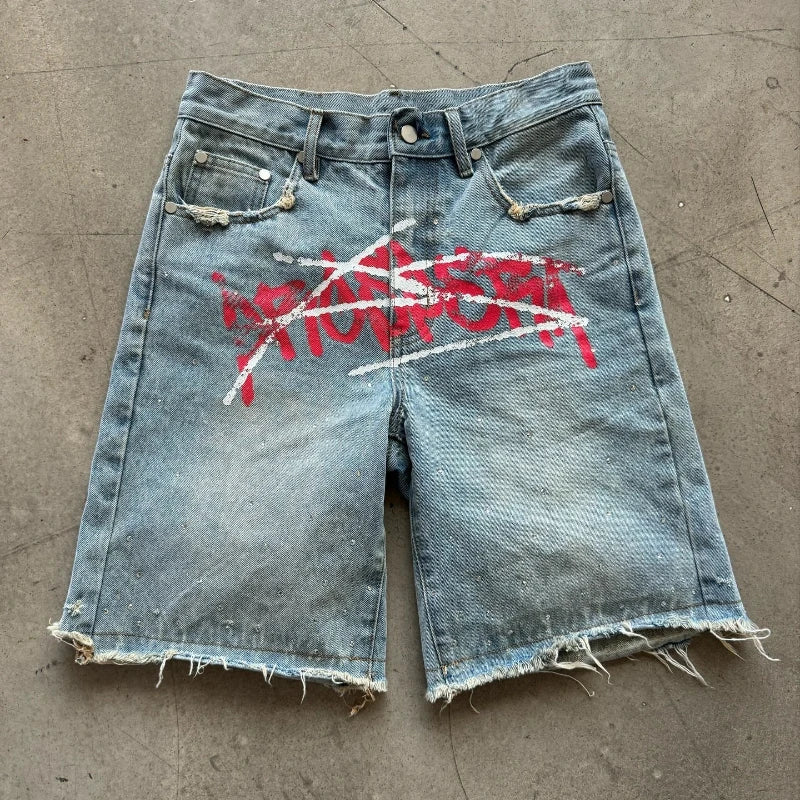 Y2K Graffiti Jorts s Men Women TRhinestone Distressed Printed Denim Shortrend Streetwear Unisex Baggy Short Pants