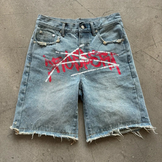 Y2K Graffiti Jorts s Men Women TRhinestone Distressed Printed Denim Shortrend Streetwear Unisex Baggy Short Pants
