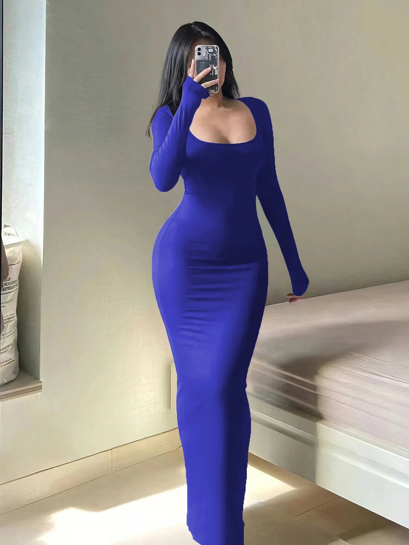 Women's Solid Long Sleeve Dress, Basic Minimalist Causual Fashion Scoop Neck Long Dress, Womenswear