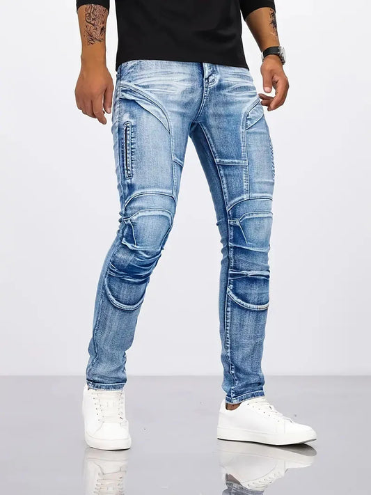 Two tone distressed patchwork jeans for men thin straight leg pants slim fit small leg distressed jeans