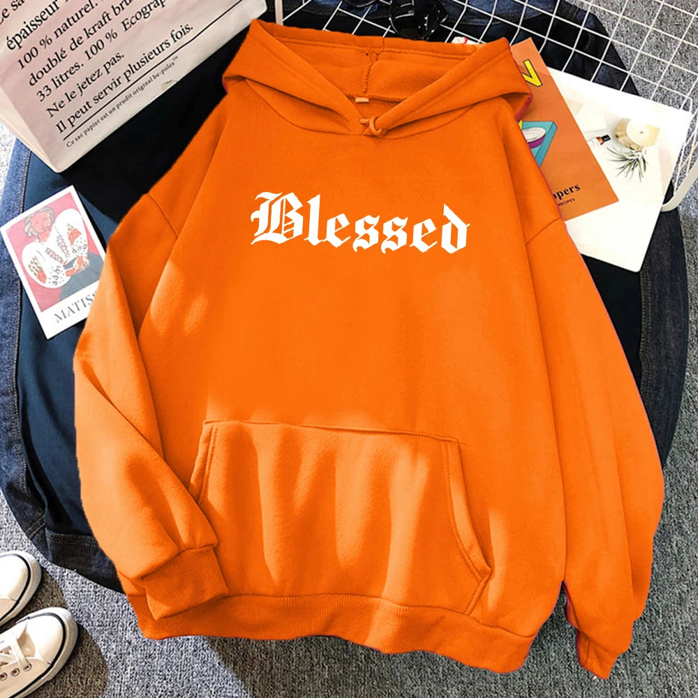 Blessed Printed Hoodies Women Street Style Hoody Autumn Loose Fleece Clothing Comfortable Pullover Sweatshirt