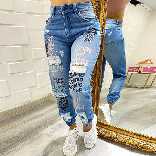 Women Denim Jeans Ankle Length Print Pants Pockets Slim