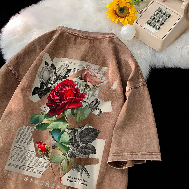 Gothic T-Shirt for Men Vintage Rose Graphic Short Sleeve Tee Tops Street Men Women Clothing