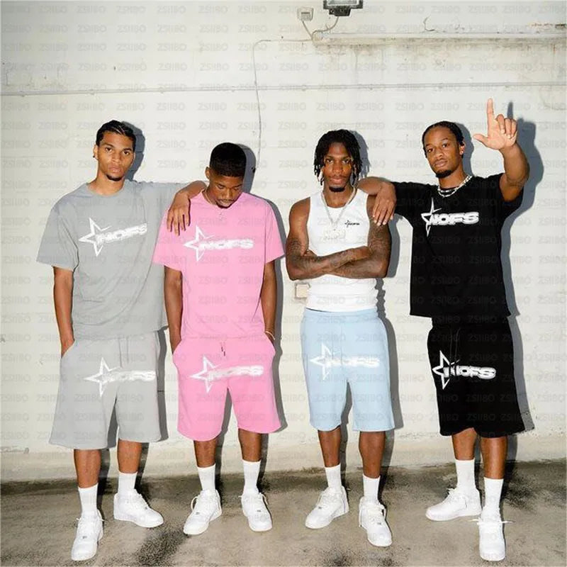 Y2K T-shirt ShortStreet Fashion Print Round Neck Short Sleeve Top Casual Loose Drawstring Shorts Men Clothing Top