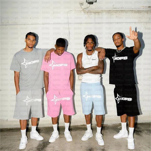 Y2K T-shirt ShortStreet Fashion Print Round Neck Short Sleeve Top Casual Loose Drawstring Shorts Men Clothing Top