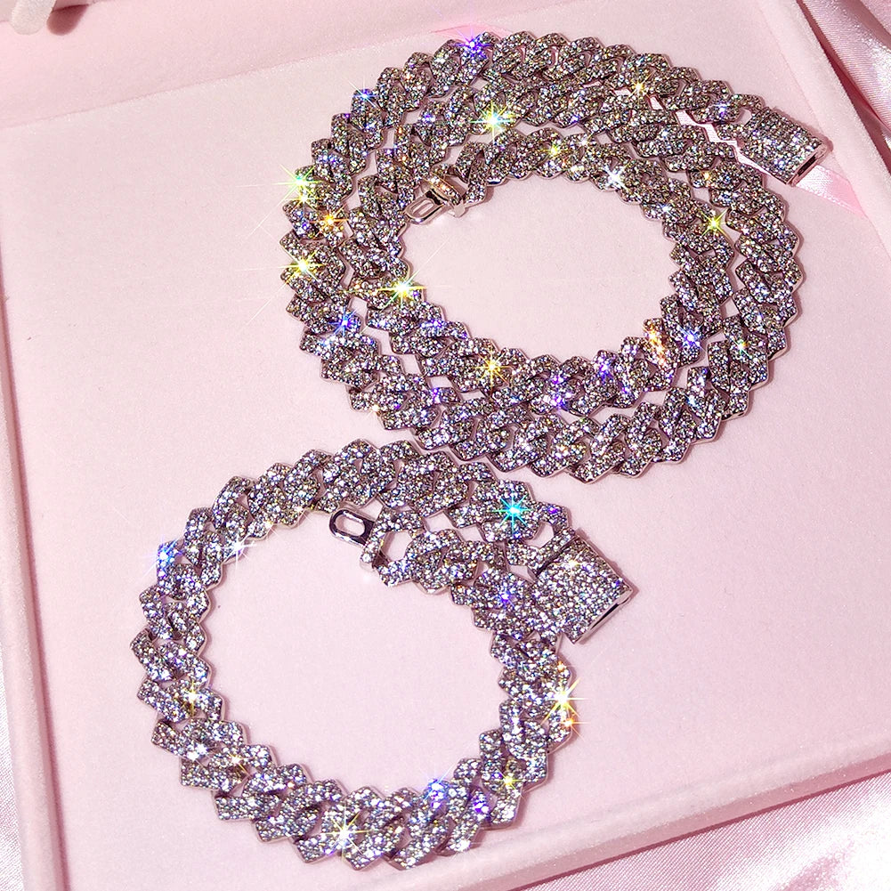 Silver Color 14mm Prong Miami Cuban Link Chain For Women Iced Out 2 Row Rhinestones Square Cuban Link Choker