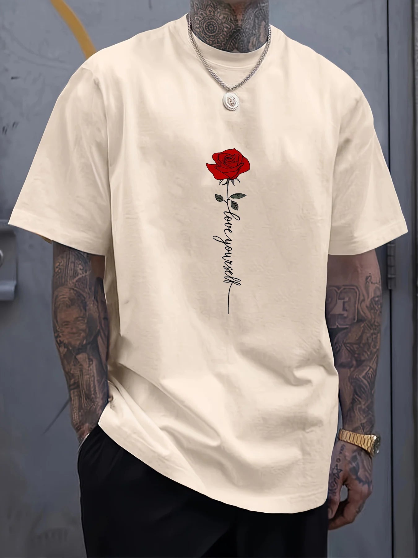 Men'scotton fashionable casual sports loose red rose printed round neck short sleeved T-shirt top