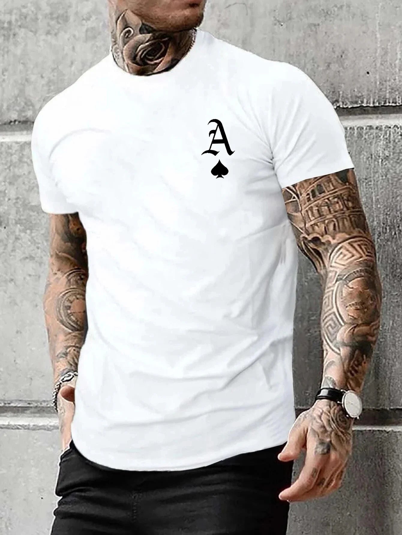 men's 100% cotton casual fit large A letter print round neck short sleeved T-shirt top