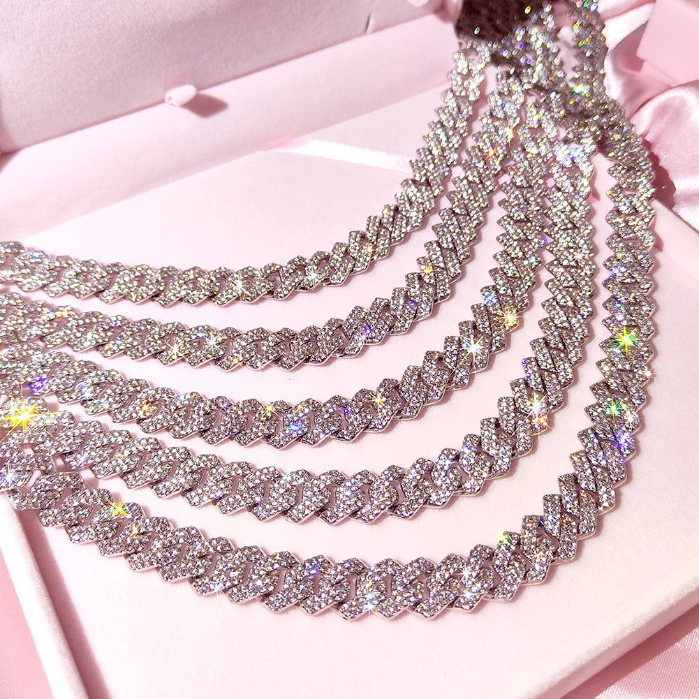 Silver Color 14mm Prong Miami Cuban Link Chain For Women Iced Out 2 Row Rhinestones Square Cuban Link Choker