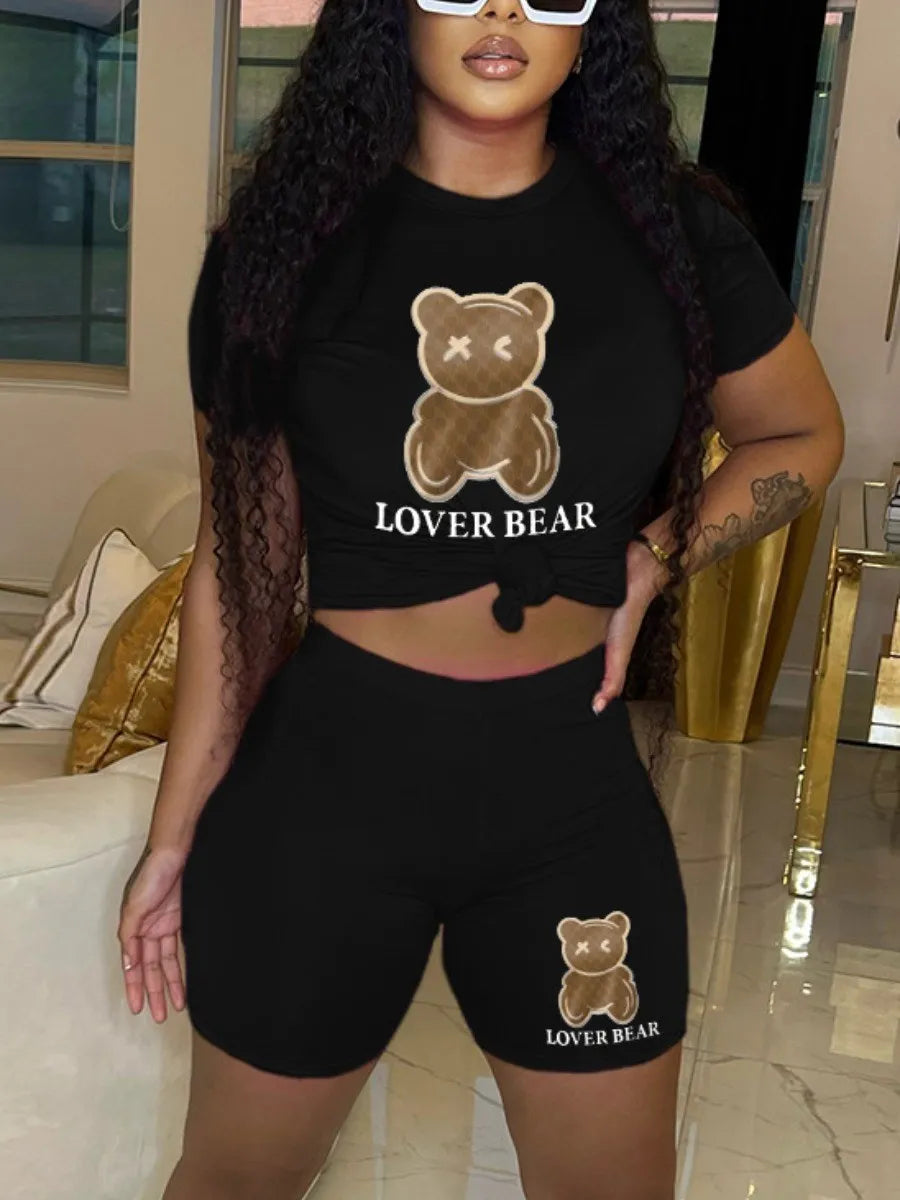 women's loose and fashionable plus size cartoon bear print hooded sweater+woolen pants set