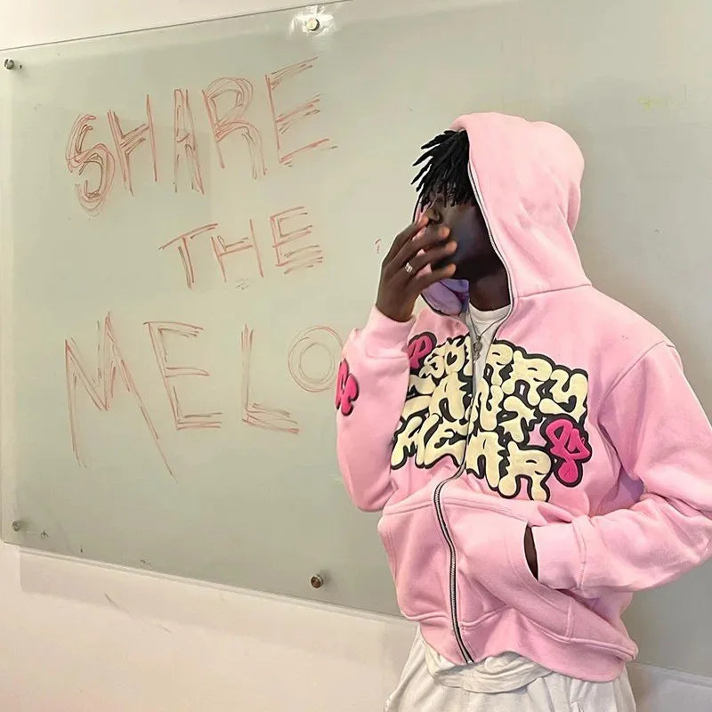 Harajuku Jacket Letter Print Coat Men Women Jackets Pink Zip Hooded Sweatshirt Fashion Long-sleeved Zipper Tops Casual Hoodies