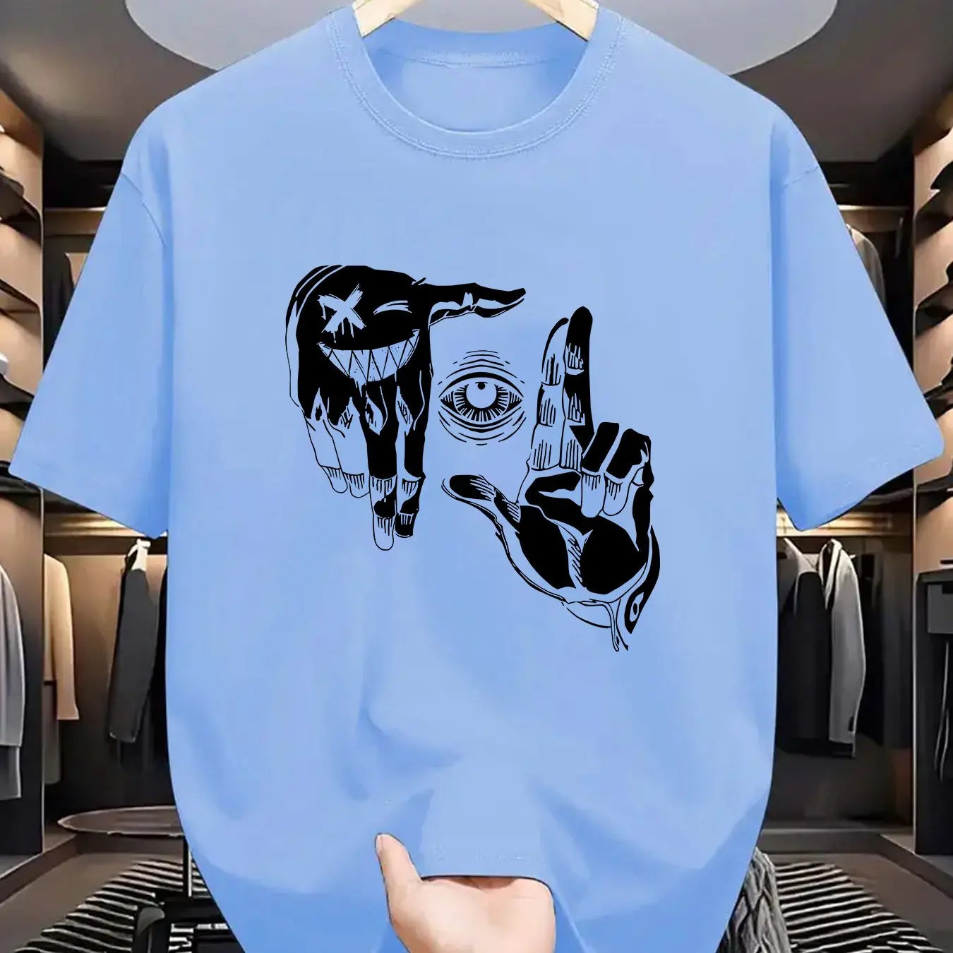 r men's 100% pure cotton casual loose plus size gesture eye personalized pattern printed round neck short sleeved T-shirt