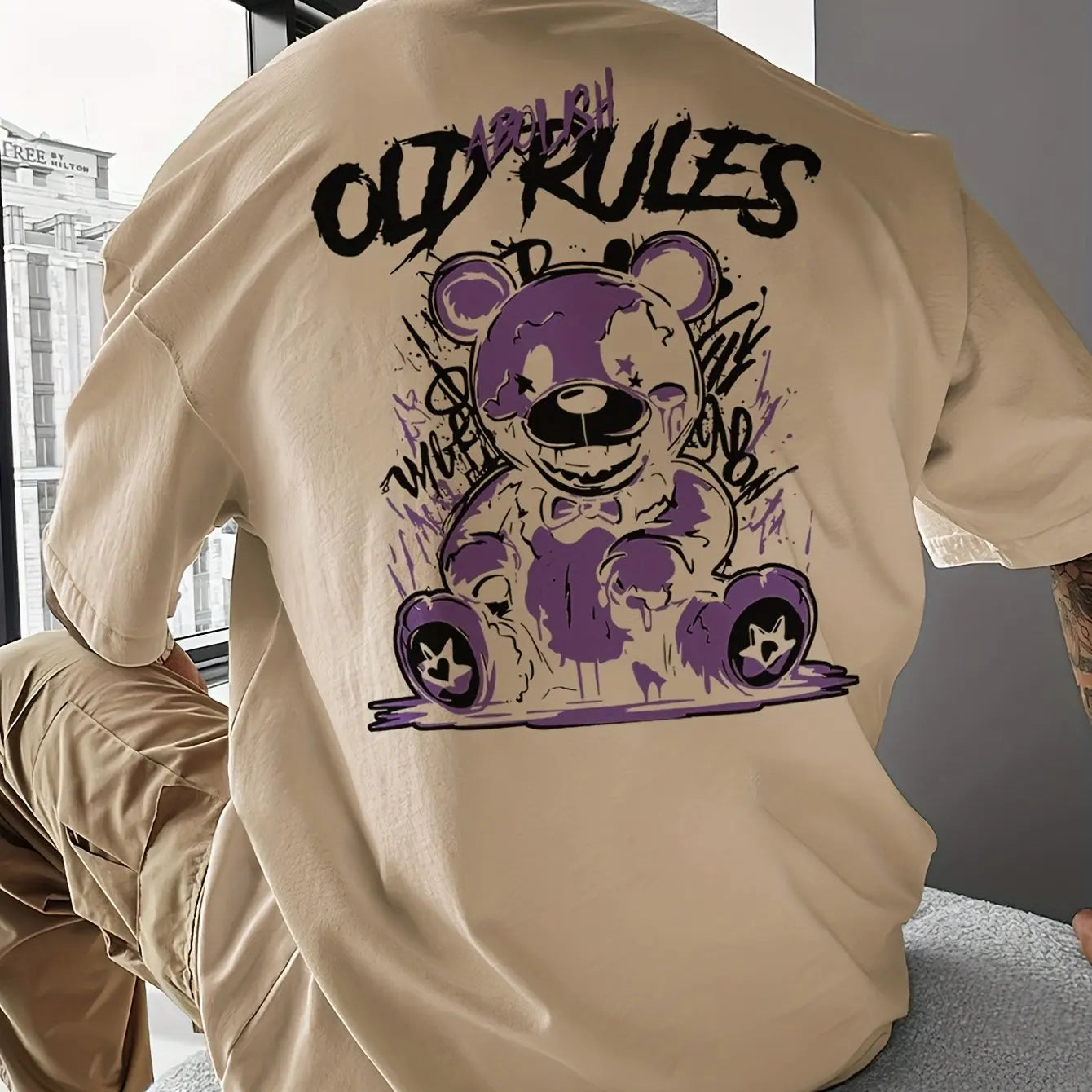 Men's Cotton Fashionable Casual Loose Large Cartoon Bear Pattern Printed Round Neck Short Sleeve T-shirt Top