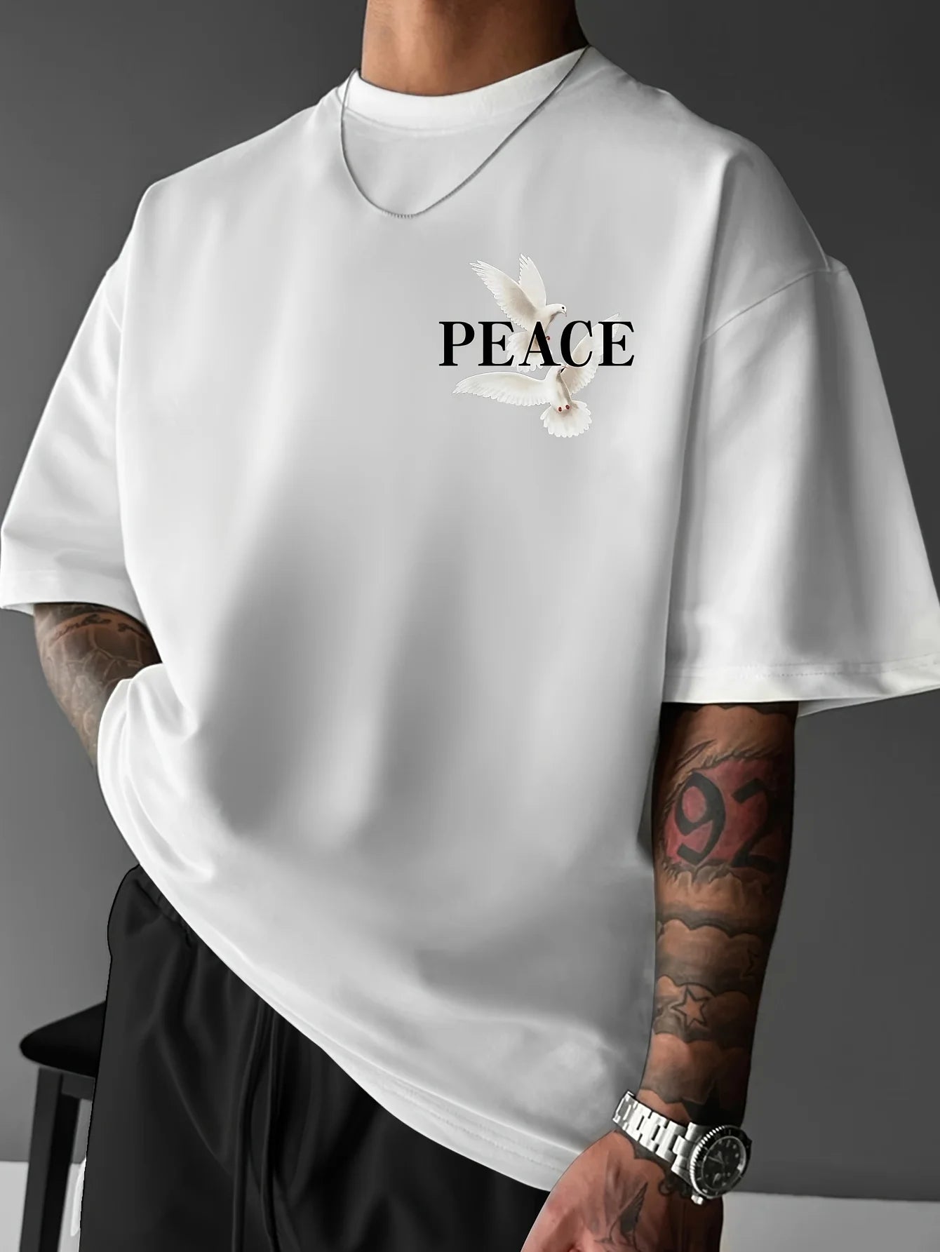 Men's  100% pure cotton fashionable casual loose and flat pattern printed sports round neck short sleeved T-shirt top
