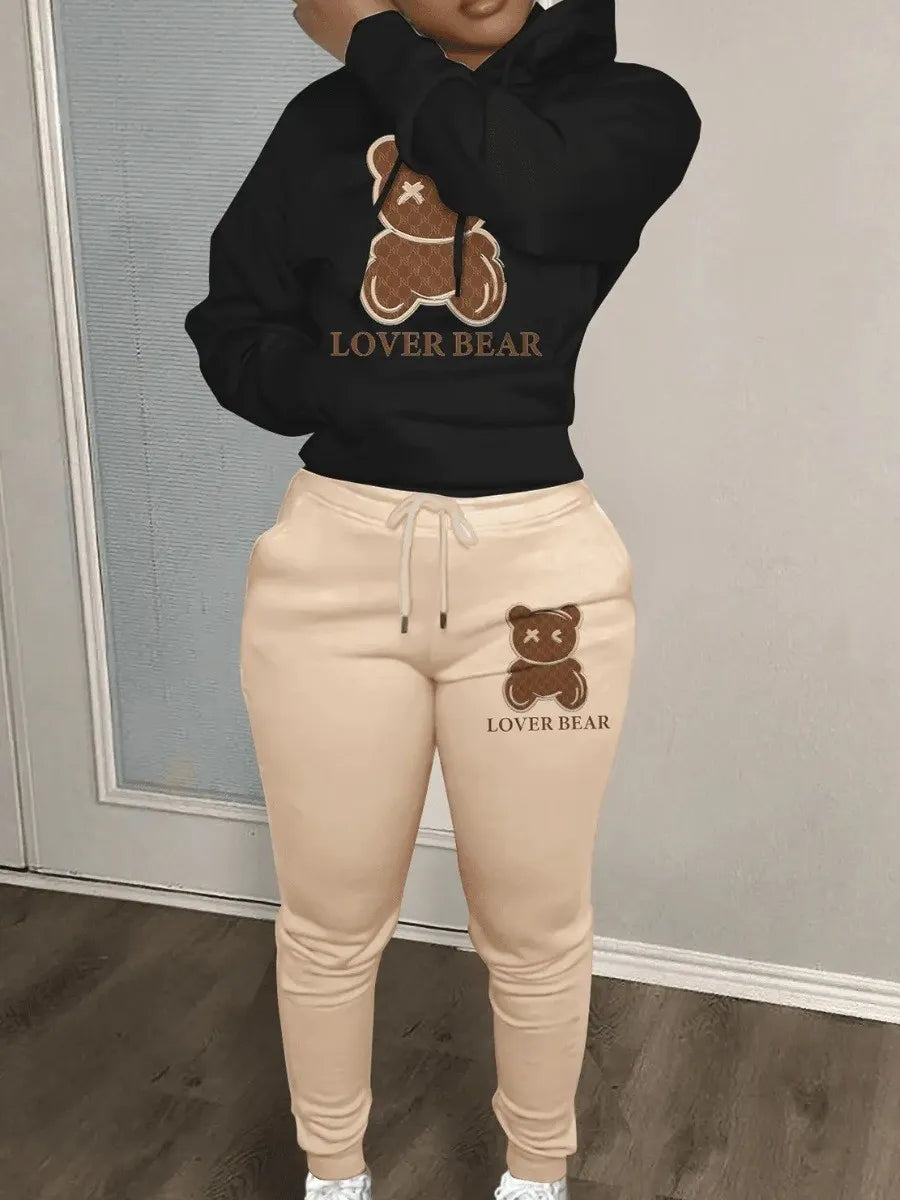 women's loose and fashionable plus size cartoon bear print hooded sweater+woolen pants set
