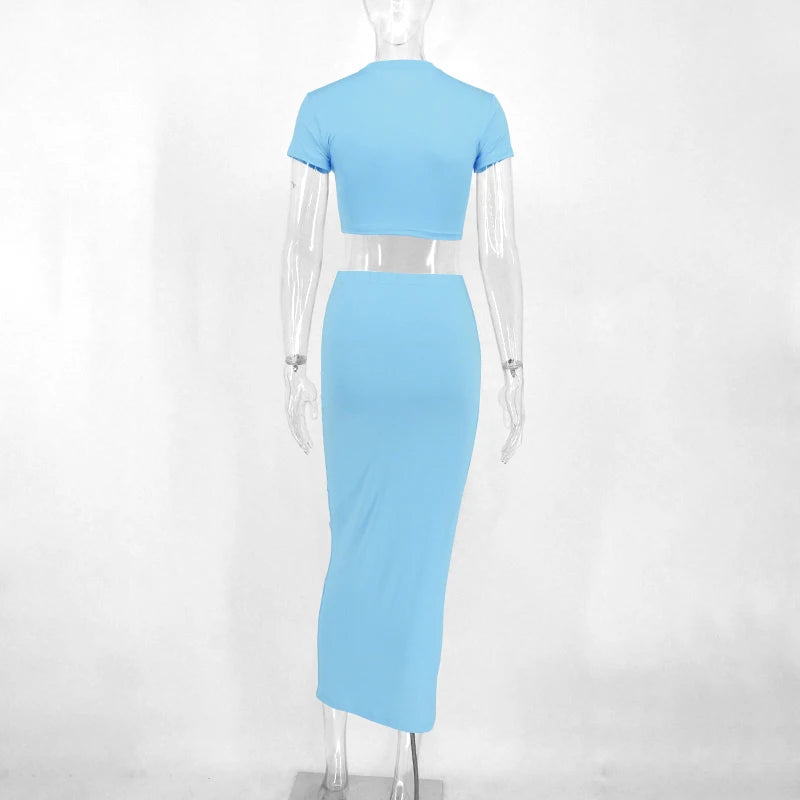 Sexy Skirt Two Piece Set Women New Short Sleeve O-Neck Crop Top High Waist Skirt Solid Fashion Partywear