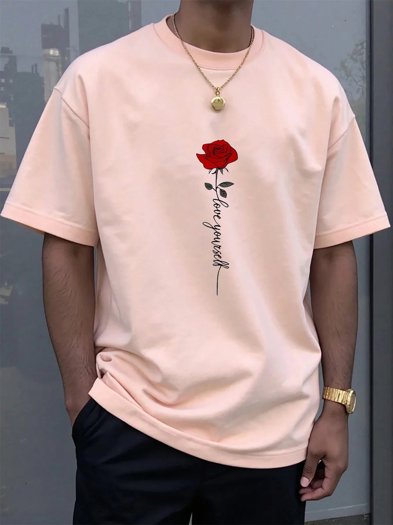 Men'scotton fashionable casual sports loose red rose printed round neck short sleeved T-shirt top