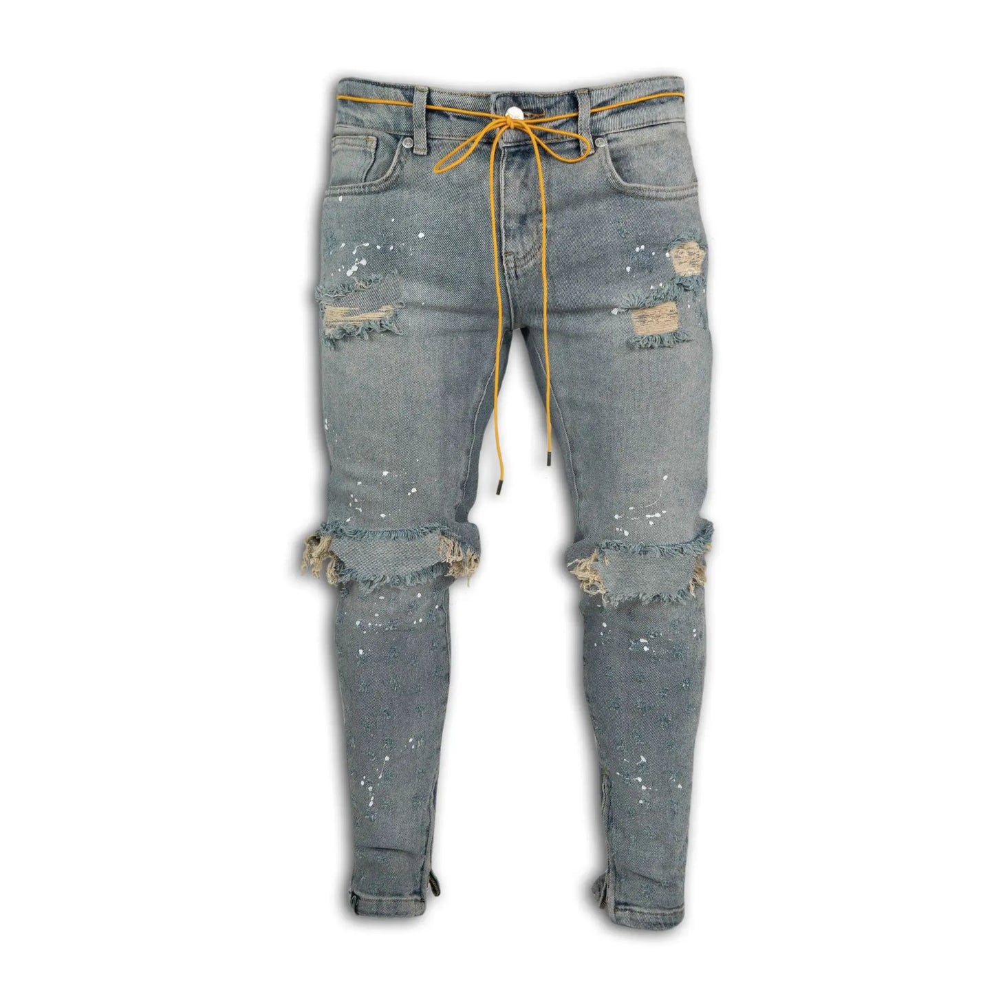 Men Long Jeans Pants Denim Simple Slim Fit Zipper Lace Up Tight Waist