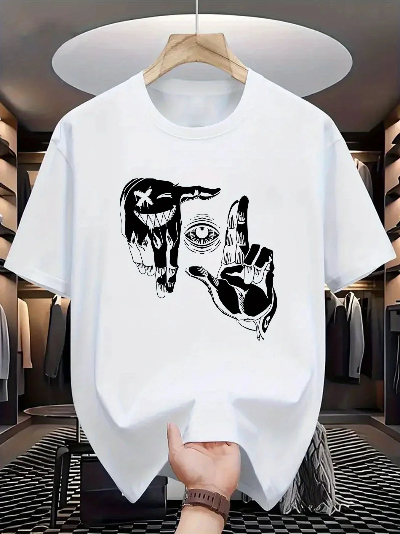r men's 100% pure cotton casual loose plus size gesture eye personalized pattern printed round neck short sleeved T-shirt