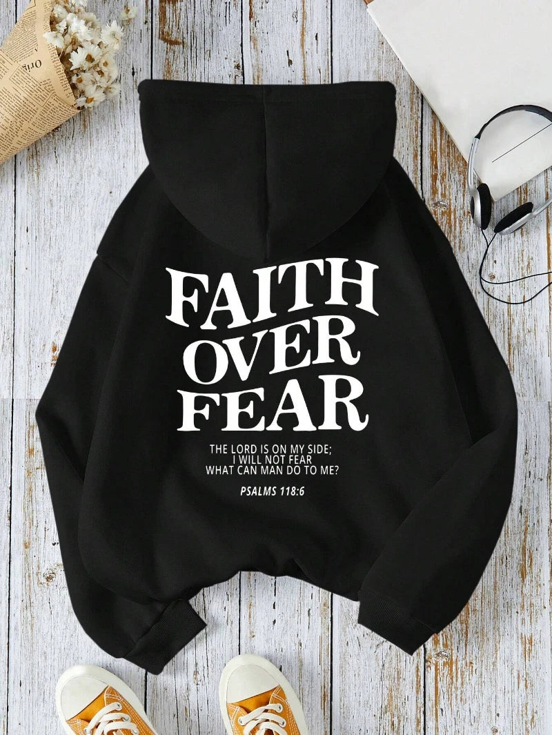 Casual Women's Hoodies Faith Over Fear Letter Printing Sweatshirts Fleece Warm Comfortable Pocket Streetwear