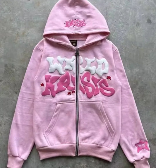 Y2k American Colorful Letter Print Zipper Hoodie Men Fashion High Street Oversized Sweatshirt Women Retro Casual Jacket