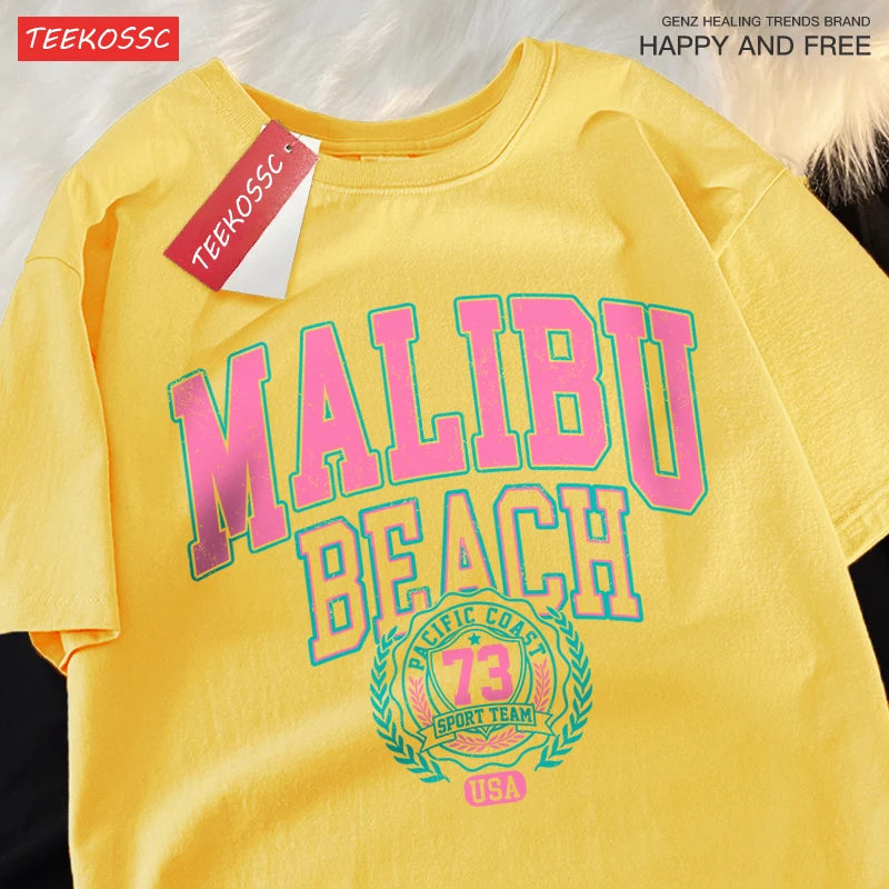 Malibu Beach Simple Letter Printing Print  Women Top Fashion T Shirt Cotton Loose T-Shirt Casual O-Neck Clothes Oversize Top