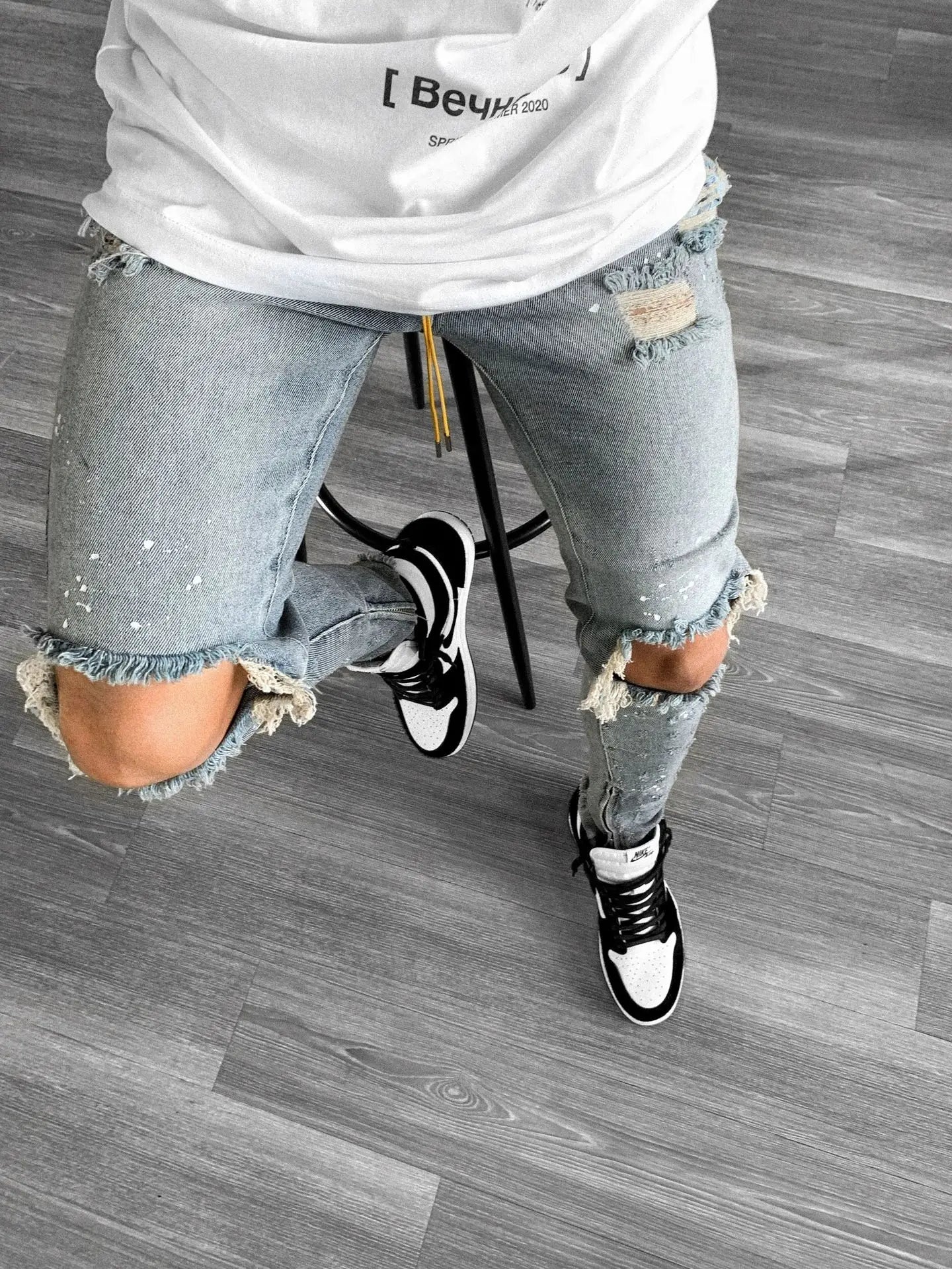 Men Long Jeans Pants Denim Simple Slim Fit Zipper Lace Up Tight Waist
