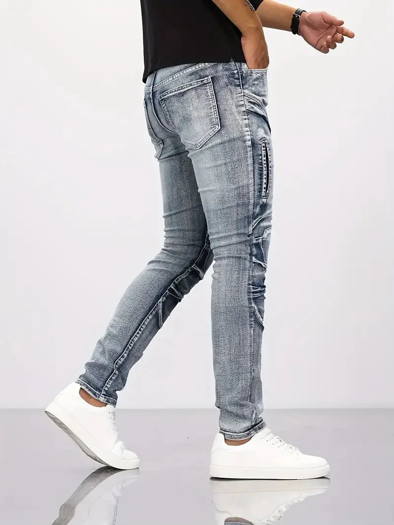 Two tone distressed patchwork jeans for men thin straight leg pants slim fit small leg distressed jeans