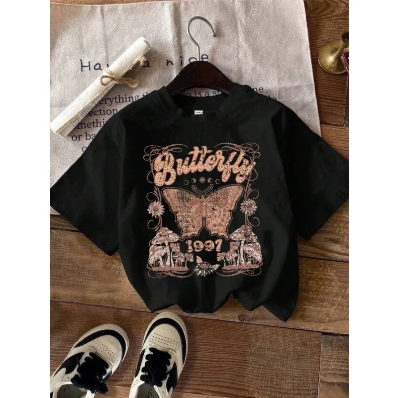 Oversized Butterfly Pattern T-shirt, Women's Black Round Neck Short Sleeve Casual Loose Comfort T-Shirt
