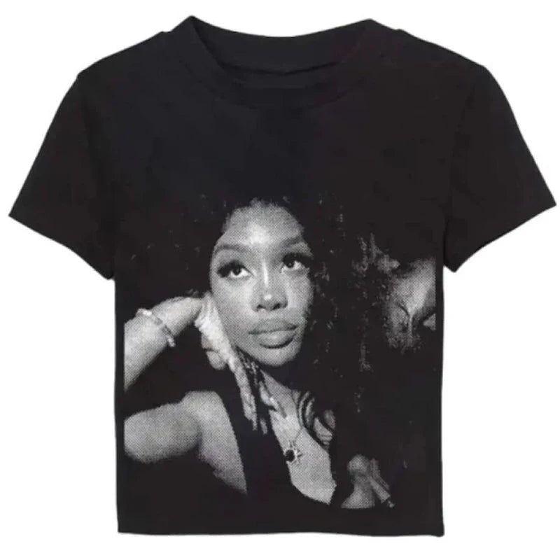 T Shirt Women's Graphics Tees Retro Short Sleeves Slim Y2K Clothing Black T-shirts
