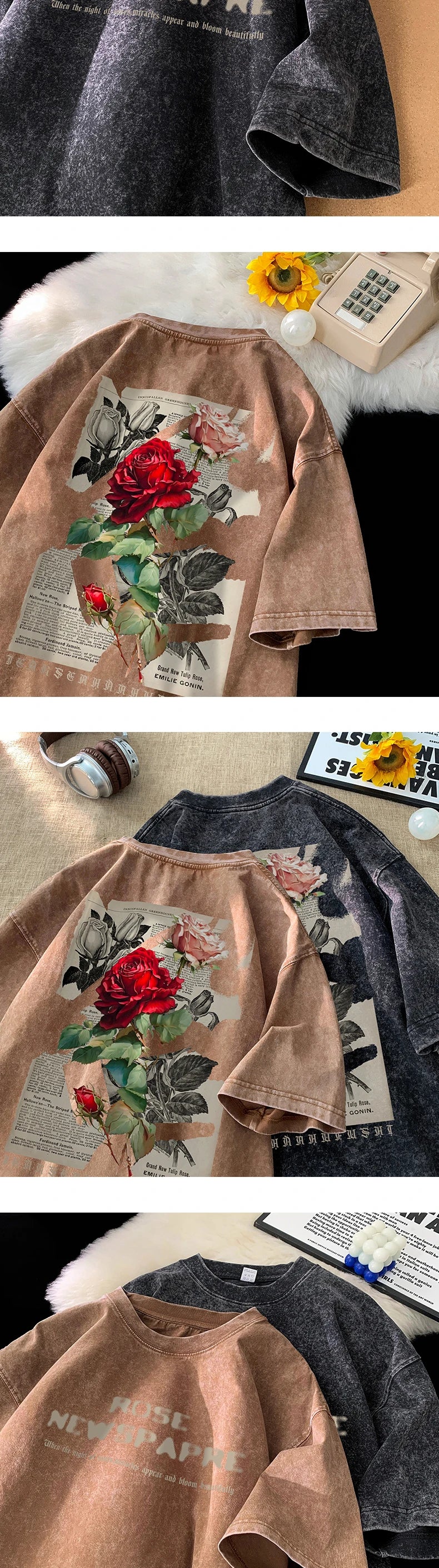 Gothic T-Shirt for Men Vintage Rose Graphic Short Sleeve Tee Tops Street Men Women Clothing