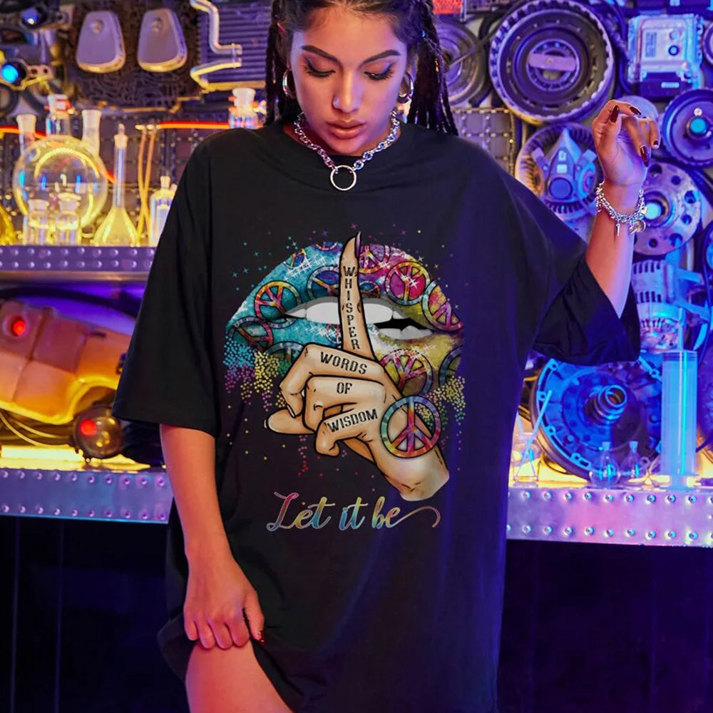 Women's fashion loose plus size letter lip print printed short sleeved T-shirt dress