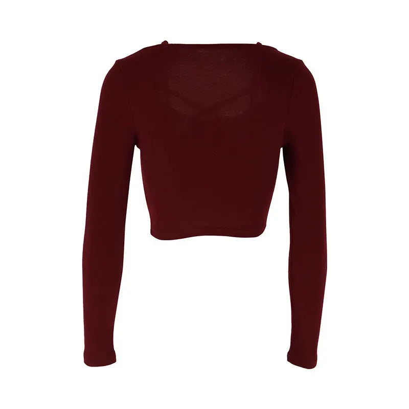 Sexy Wine Red Women's T-shirt  Hollow Out Low Chest Top New Fashion Long Sleeves Casual Slim Female Top