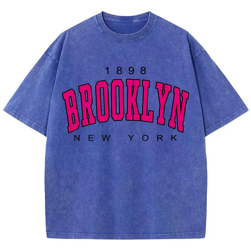 Womans Cotton Washed T-Shirts Fashion Loose O-Neck Short Sleeve Brooklyn New York Printing Tops Female Clothes