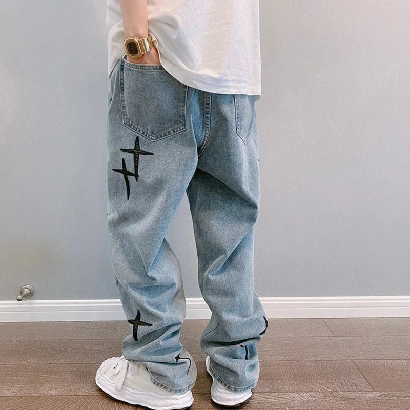 Vintage Fashion Straight Casual Loose Denim Cargo Pants Men Designer Prints Star Jeans Streetwear Loose Wide Leg Jeans