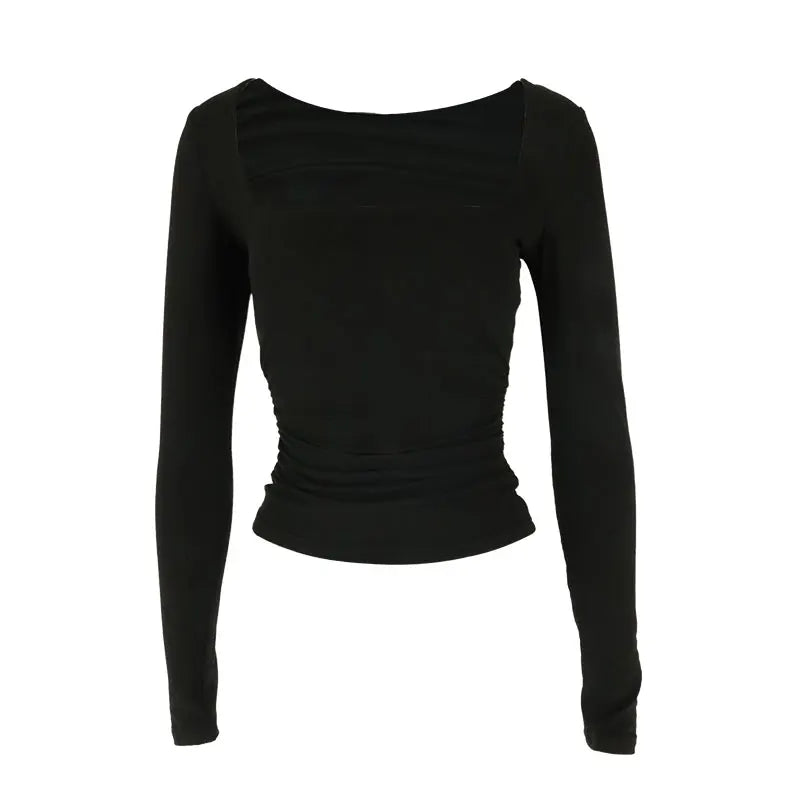 Women Sexy Low Chest Solid Elegant T-shirt Streetwear Fashion Long Sleeves Casual Slim Versatile Female Tees