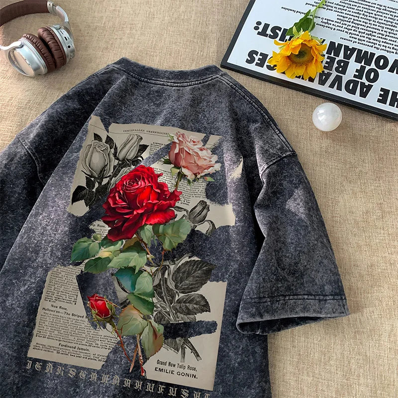 Gothic T-Shirt for Men Vintage Rose Graphic Short Sleeve Tee Tops Street Men Women Clothing