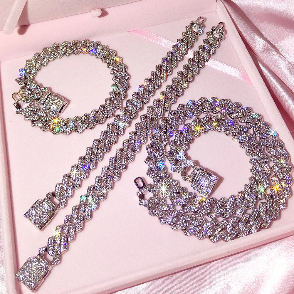 Silver Color 14mm Prong Miami Cuban Link Chain For Women Iced Out 2 Row Rhinestones Square Cuban Link Choker