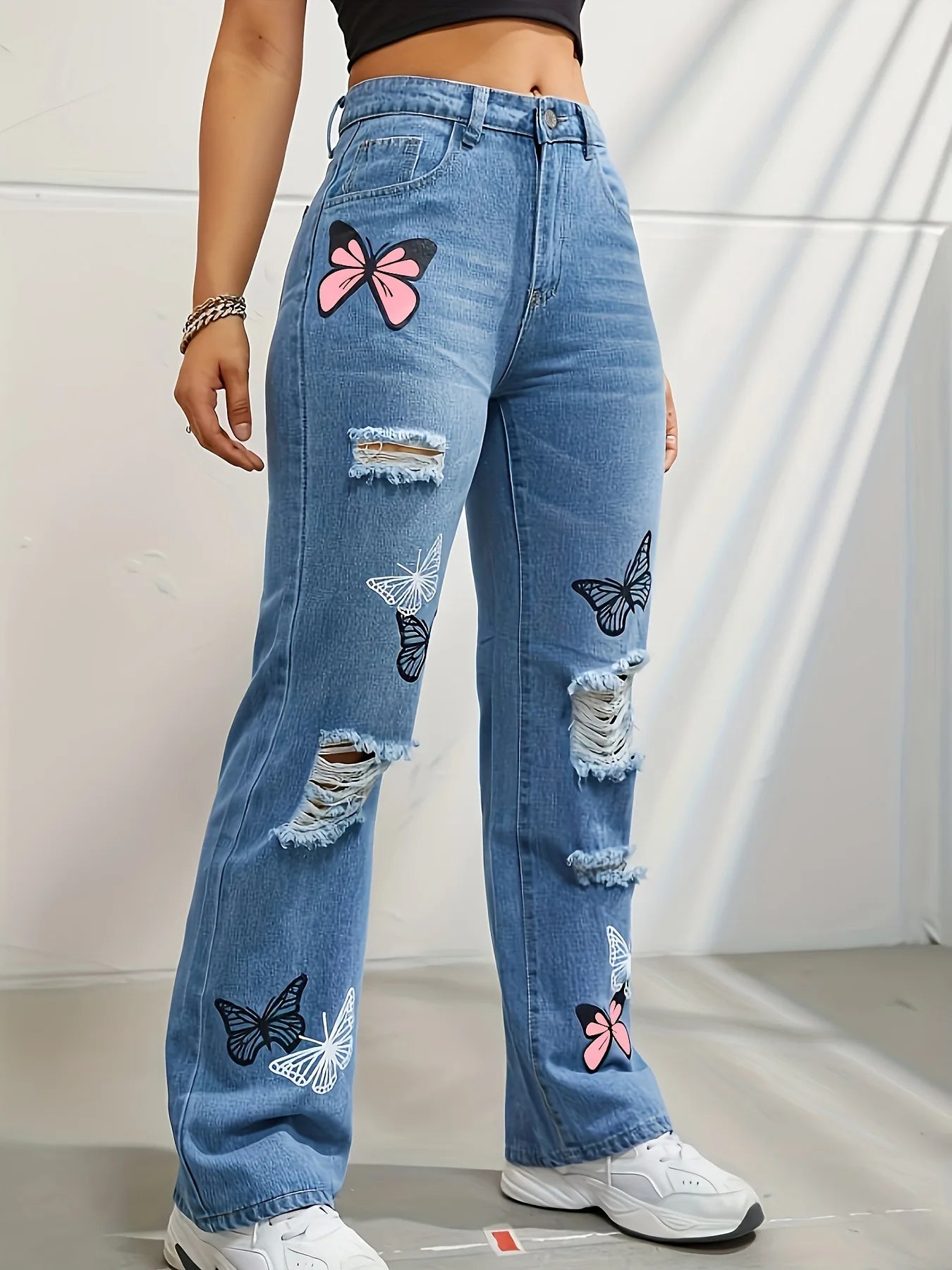 Butterfly Printing Denim Jeans Women Holes Jeans Straight Pants High Waist Loose Fit Vintage Casual Distressed Denims